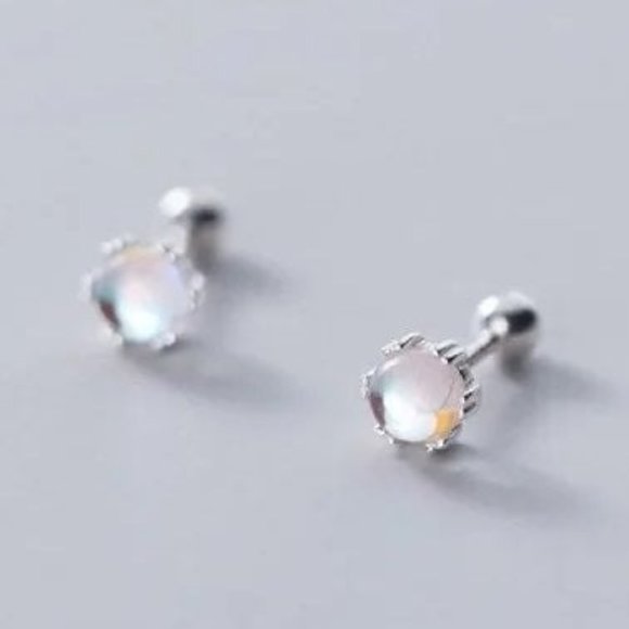 Solid Silver Screw back Solitaire Moonstone Small Studs Earrings- ESB010 - Picture 1 of 14